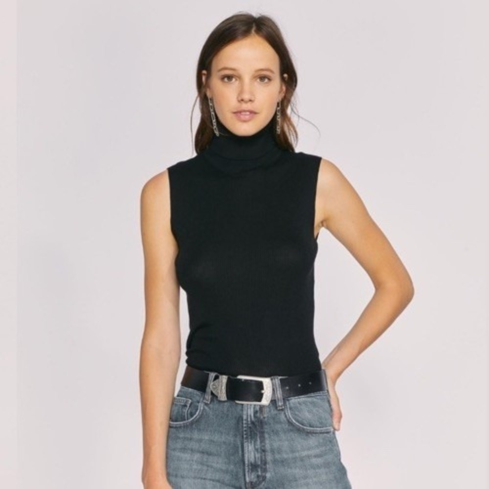 IRO Kilaya Women's 100% Silk Black Sweater Turtleneck Rib Tank Top Size Medium